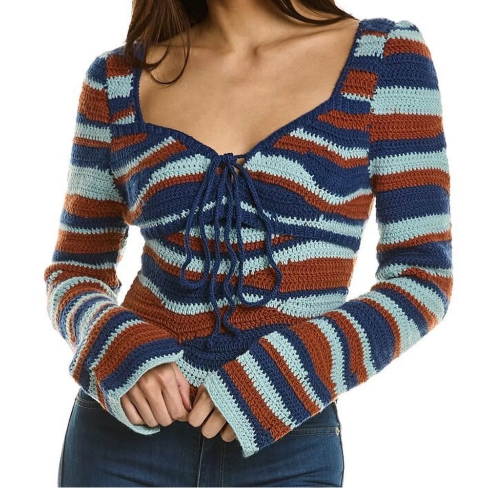 Sea New York Striped Crochet Scoop-Neck Sweater in Navy, Light Blue & Rust